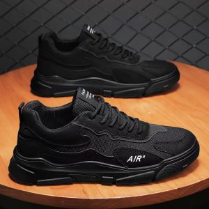 2025 Hot Sale Men Korean Fashion Mesh Breathable Lace Up Sneakers Black Rubber Shoes Comfortable Flat Casual Running Shoes For Men