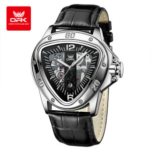 OPK Mens Watch New Original Unique Triangular Hollow Dial Design Waterproof Luxury Leather Strap Sport Calendar Mens Gift