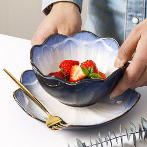 OMK Japanese Style Flower Shaped Ceramic Dinner Plate Salah Bowl Tableware Set