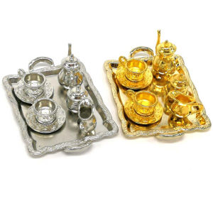 QUANSEN 10Pcs 1: 12 Dollhouse Furniture Miniature Dining Ware Metal Tea Cup Plate Set