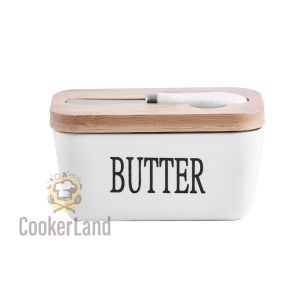 🔥Ready Stock🔥Ceramic Butter Box Sealing With Wood Lid Knife /Cheese Storage Tray Plate Fridge Kitchen Storage Container