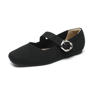 Ladies Square Toe Black Flat Shoes Classic Japanese Woven Knitted Shoes Women Anti-slip Large Size