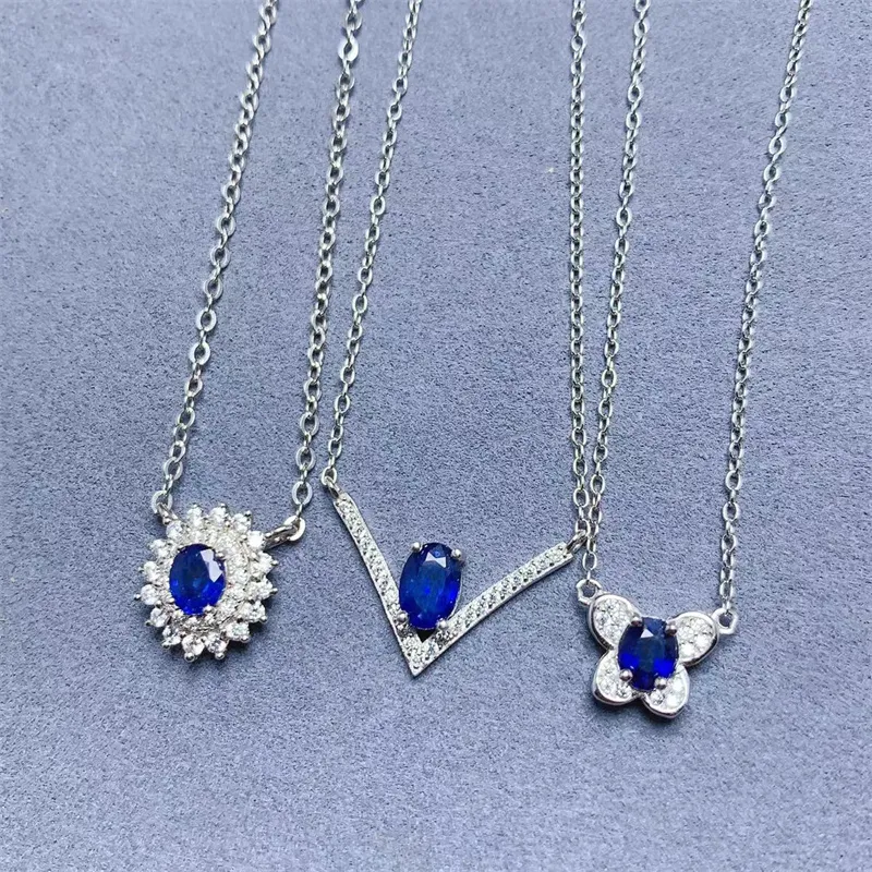 Natural Sapphire Clavicle Chain Sri Lanka Royal Blue Sapphire 925 Silver  Necklace Pendant for Women with Certificate