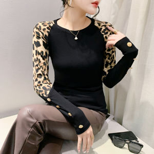 REHIN Spring new round neck leopard splicing long-sleeved T-shirt fashion Slim bottoming women blouse