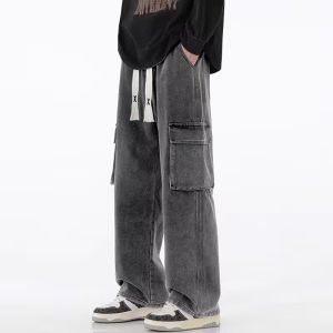 FARUILINE STORE กางเกงยีนส์ผู้ชาย ตรงพอดี ผ้ายืด สีธรรมดา เอวยางยืด กางเกงยีนส์คาร์โก้ สไตล์เกาหลี