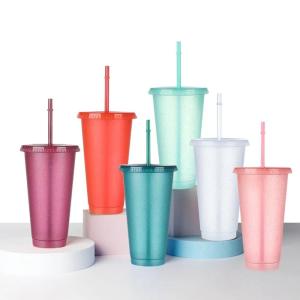 NILE Wide Mouth Multi-color Option Personalized Reusable Creative Gifts With StrawsLid Straw Drinking Cup Flash Powder Water Bottle Cold Drink Tumbler Plastic Tumblers
