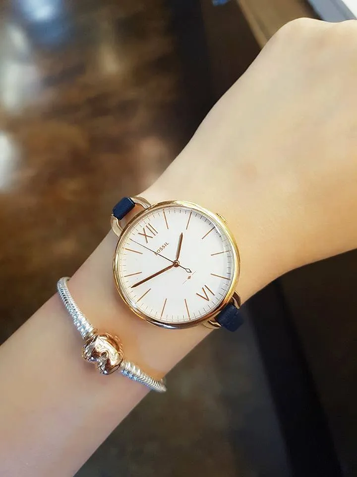 OFFICIAL WARRANTY Fossil Women s ES4355 Annette Three Hand Rose Gold Tone Case Navy Blue Leather Strap Watch 2 Years Fossil Warranty Lazada