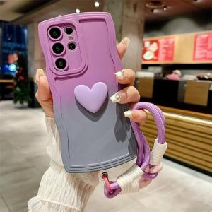 Gradient Love Heart Lanyard Case for Samsung Galaxy S24 S25 Ultra S23 S22 Plus S21 S20 FE A54 A34 A52 A53 Wrist Strap Wave Cover