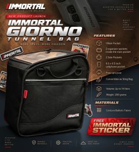 Immortal Tunnel/Center Bag for Honda Giorno Black Up to 14liters with IMM. Rain Cover & Sticker