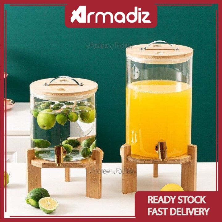 AMZ Borosilicate Glass Water Dispenser with Bamboo Lid Wooden Stand ...