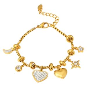 Stylish Gold Plated Heart Charm Bracelet Accessory for Women Craft from Sturdy Stainless Steel and Shining Zircon