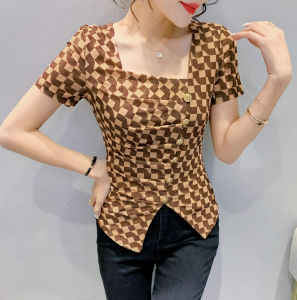 YIMEI Mỏng Mỏng Áo Không Đều Ý Nghĩa Thiết Kế Thời Trang Quảng Trường Cổ Hàng Đầu 2023 Mùa Hè Mới Ngắn Tay In Họa Tiết T-Shirt Phụ Nữ Của Thời Trang