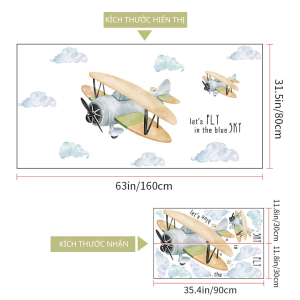 Decal giấy dán tường máy bay và bầu trời dễ thương có keo sẵn - Trang trí Phòng ngủ cho bé