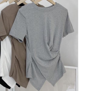 Áo Thun Nữ Tay Ngắn Nhúm Eo Vạt Chéo Cổ Tròn Có Đệm Vai - Chất Liệu Bozip EVO-006