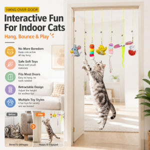 Retractable Cat Teaser Wand Door Hanging Interactive Toy with Feathers Bell Stretchable Cat Toy Indoor Play