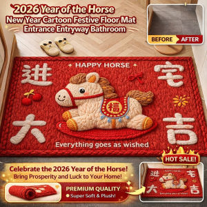 2026 Horse Year Cartoon New Year Door Mat/Crystal Fleece Festive Rug/Non-Slip Entrance Floor Mat For Home Decor/Living Room Bathroom Decoration