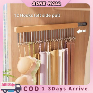 12 Hooks Solid Wood Clothes Hanger Bra Hanger Pull-out Wardrobe Pole with Hook Tie Cap Holder
