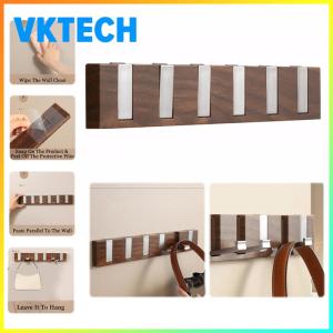 Wood Grain Key Hooks 6 Foldable Hooks No Drilling Key Hangers Multi-Function Self Adhesive Key Rack Heavy Duty for Laundry Bedroom