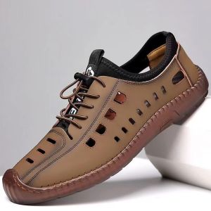 Free Shipping MenS Summer Sandals Soft Leather Breathable With Hollowed-Out Design Featuring A Flexible Rubber Sole Casual And Versatile Leather Sandals For Men