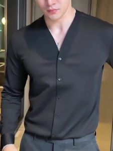 Mens Shirts High Quality V Neck Long Sleeve Shirts For Man Clothing Luxury Drape Traceless Gluing Elegant Social Shirt Dress2026