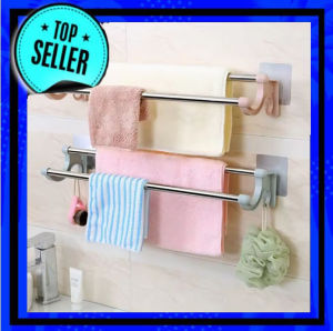 GANTUNGAN HANDUK TEMPEL DINDING STAINLESS RAK TOILET KAMAR MANDI 2 PIPA VACUUM SUCTION INTERIOR BATHROOM SET - Rak Baju Pakaian Gantung