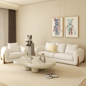Cream style fabric sofa minimalist lamb wool original wood art small unit sofa