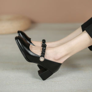 [Free Shipping] Pearl Square-Toe Retro Shoes Spring And Autumn Shallow-Mouth Flats Chunky Heel Elegant And Gentle Style Bridesmaid High Heels