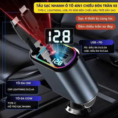 Tẩu Sạc Nhanh 4 trong 1 Ô Tô Có Đèn Chiếu Trần USB+Type-C 120W sạc điện thoại máy tính bảng