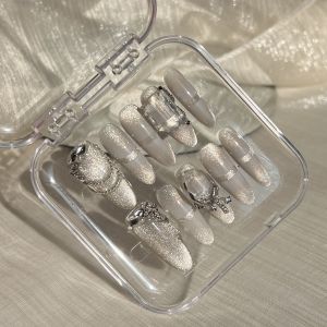 [HANDMADE]Artificial Nail Sparkling Star Cats Eye Crystal Diamond Phototpy Press on Nails Reusable and Removable Nails with Toolkit