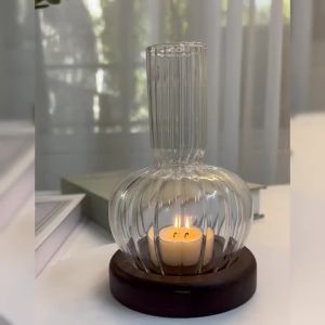 FFBH Vintage Tea Light Windproof Candle Holder Clear Glass Candle Holder with Solid Wood Wedding & Dining Table Decor Ramadan Z5Q1T