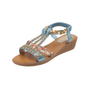[Free Shipping] WomenS Wedge Heel Fish Mouth Sandals New Summer Bohemian Style Fashionable Rhinestone Embellished Plus-Size Slip-On Sandals