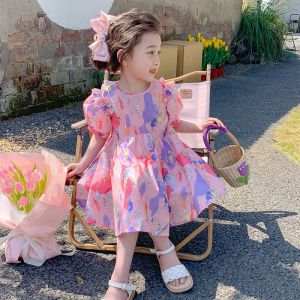 Little DR Dress Kids Girls Summer Princess Puff Short Sleeve Skirts Long Korean Style Floral Cartoon Party Birthday Clothes Children Baby Pink baju merdeka kanak kanak perempuan