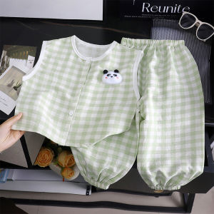 AILEBE Kids Sets Bear Doll Print Sleeveless Vest Pants Set Soft Breathable Fabric Summer Wear Cute Style Elastic Waist Loose Comfy Fit Pambahay OOTD For Baby Girls Boys 2-8 Years