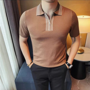 Men Half-Zip Polo Shirt: Slim-Fit Stretch Design Rich Brown  Contrast Collar – Versatile Casual/Office Wear Short-sleeve T-shirt