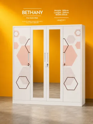 BETHANY | Grand 4-Door Full Steel Wardrobe with Full Sized Mirrors Shelves and Hanging Rod