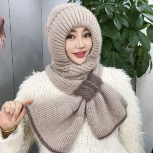 K9SEQ Fleece Lined Knitted Hat Scarf Set Windproof Patchwork Design Balaclava Neck Warmer Practical All In One Hooded Scarf Hat For Women