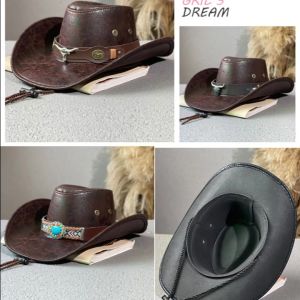WH Vintage Leather Cowboy Hats For Men Women Cowgirl Hat Wide Brim Felt Hats Western Leather Cowboy