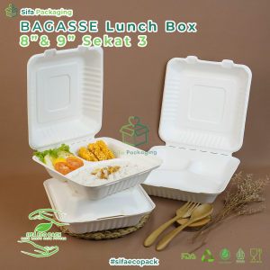 Bagasse Lunch Box Sekat 3 Kotak Bekal Bento Wadah Makan Takeway Kemasan Ramah Lingkungan isi 25 pcs