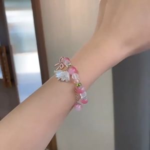 2026 Gradient Pink Lily Crystal Bracelet Student Beaded Gift For Best Friend Women Jewelry