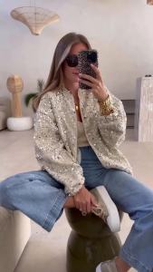 Casual Sequined Women Jacket Long Sleeve O-neck Zippers Pocket Pleated Solid Female Coat Street 2025 Autumn Lady Outwears New