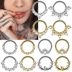 LUMINOU 1PC Heart Zircon Septum Clicker Ring Stainless Steel Hinged Cartilage Hoop Earring Durable Skull Vine Design Body Piercing Jewelry Nose Piercing