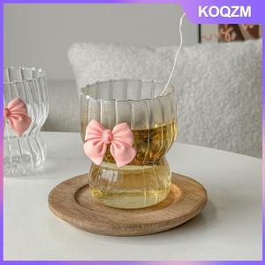 KOQZM Pink Bow Glass Cute Water Cup Cartoon Bow Glass Cup Striped Cute Doodle Coffee Mug Household Fruit Tea Lemonade Girls Gift