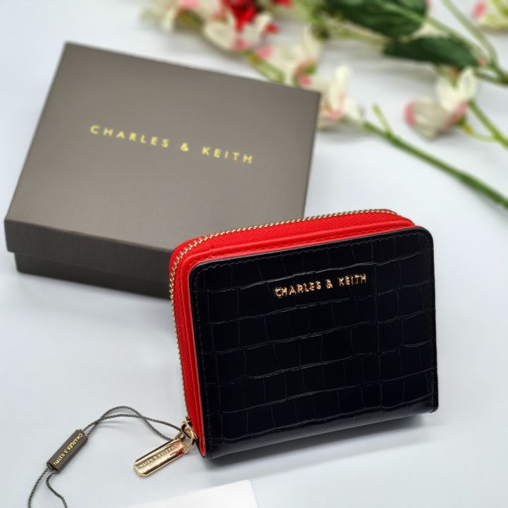 C.H.A.R.L.E.S and K.E.I.T.H CrocEffect Small ZipAround Wallet in Black / Red Embossed Faux