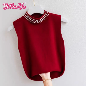Yitiaoyu Ladies Sleeveless Bottoming Suspender Vest Solid Color Thin Fashion Round Neck Beaded Top