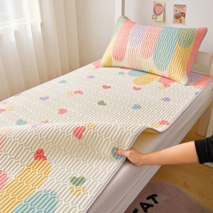 【Super low price】Rainbow Print Latex Cooling Bed Mat for Single Double Bed Summer Breathable Ice Silk Bed Pad Dormitory Soft Cool Sleeping Mat