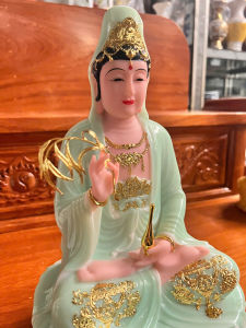 Tượng Phật Quan Âm Ngồi Đài Sen Đá Nhập Cao Cấp 3 Màu Chuẩn Đẹp (Trắng Xanh Vàng) - Tượng Cao 30cm