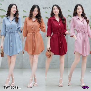 TW16579 Mini dress ปกเชิ้ตแขน 5 ส่วน โบว์ผูกเอว