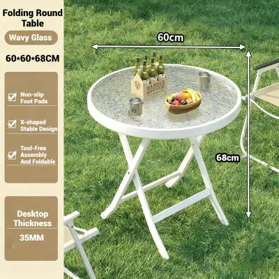 JIAJU Elegant Round Folding Dining Table Durable Tempered Glass Iron Frame Portable Shatterproof Thickened Desktop Coffee Table Balcony Household