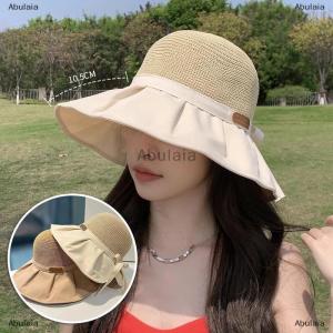 [COD] Abulaia Women Bucket Hat Summer UV Protection Big Wide Brim Beach Sun Hats Outdoor Travel Bows Panama Caps Ponytail Caps
