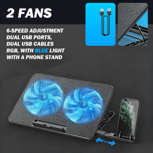 KAMPEON 2 Fans Laptop Cooling Stand with 7 level Adjustable Lighting Foldable Stand Height RGB LED Filled Sponge